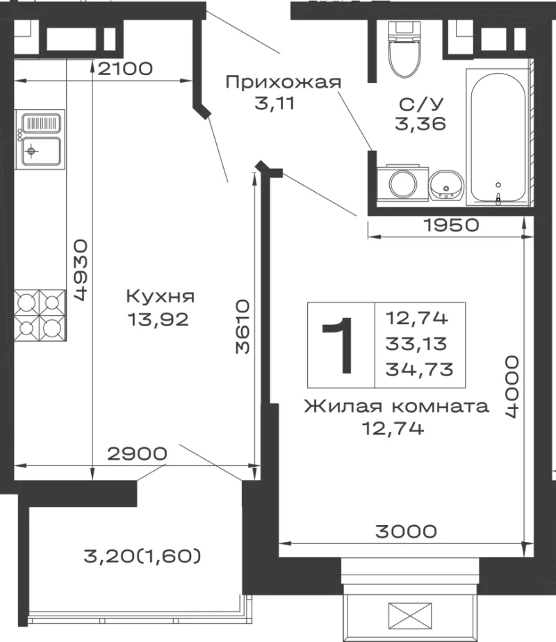 1-комн. 34.7 м²