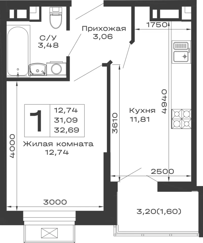 1-комн. 32.7 м²