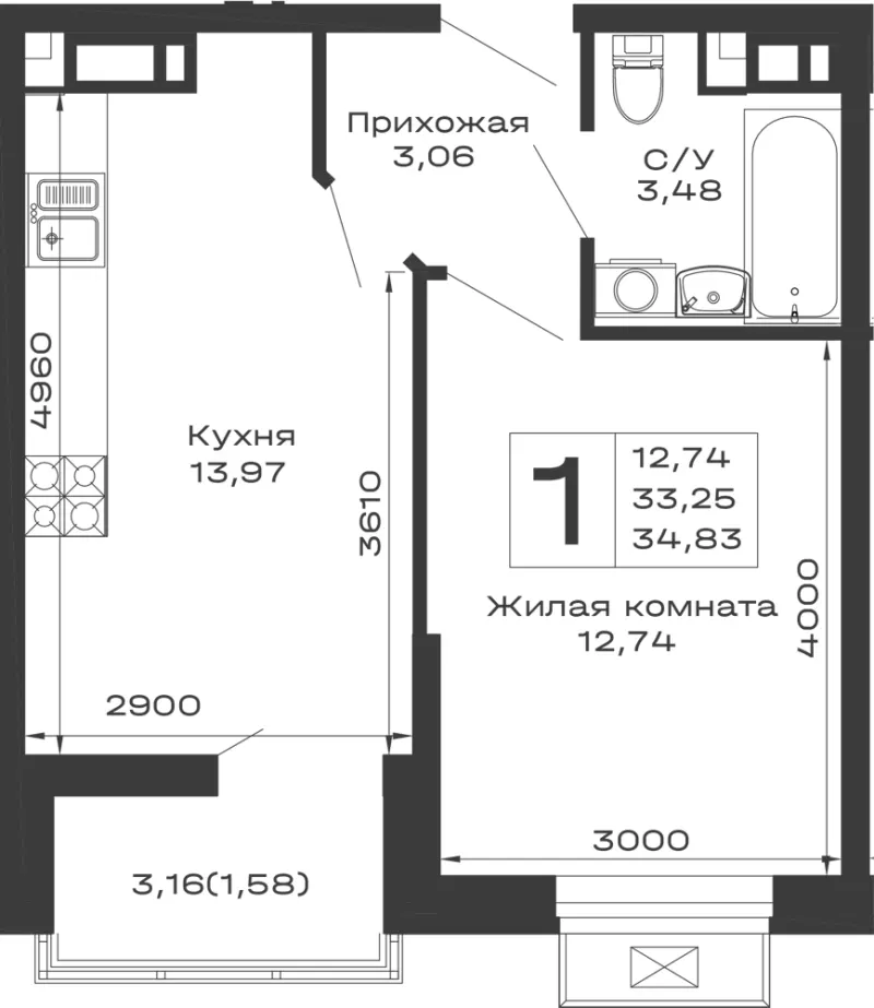 1-комн. 34.8 м²