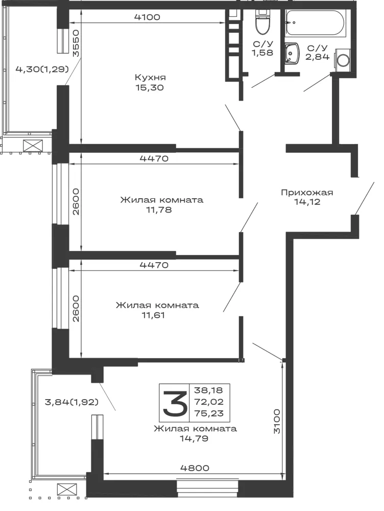 3-комн. 75.2 м²