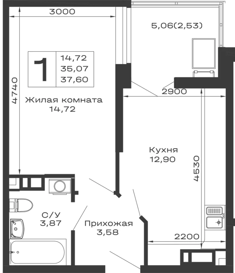 1-комн. 37.6 м²