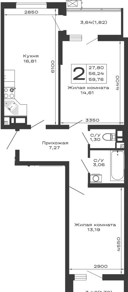 2-комн. 59.8 м²