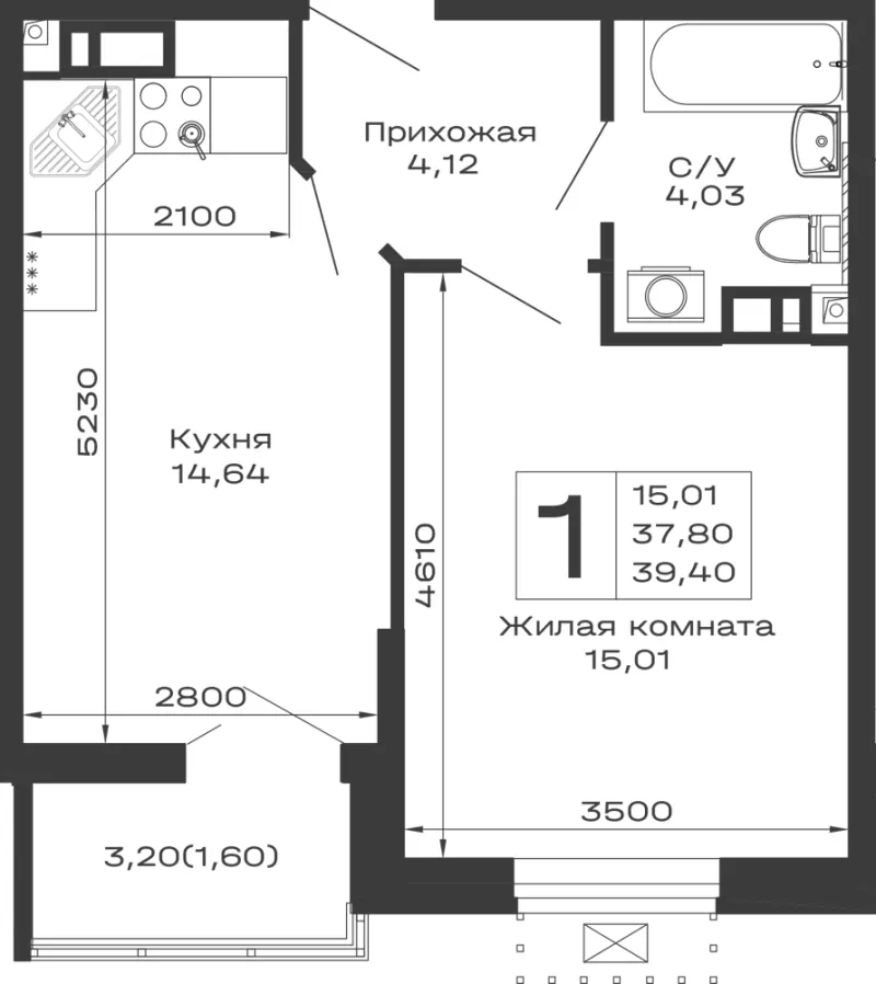 1-комн. 39.4 м²