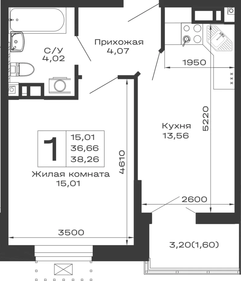 1-комн. 38.3 м²