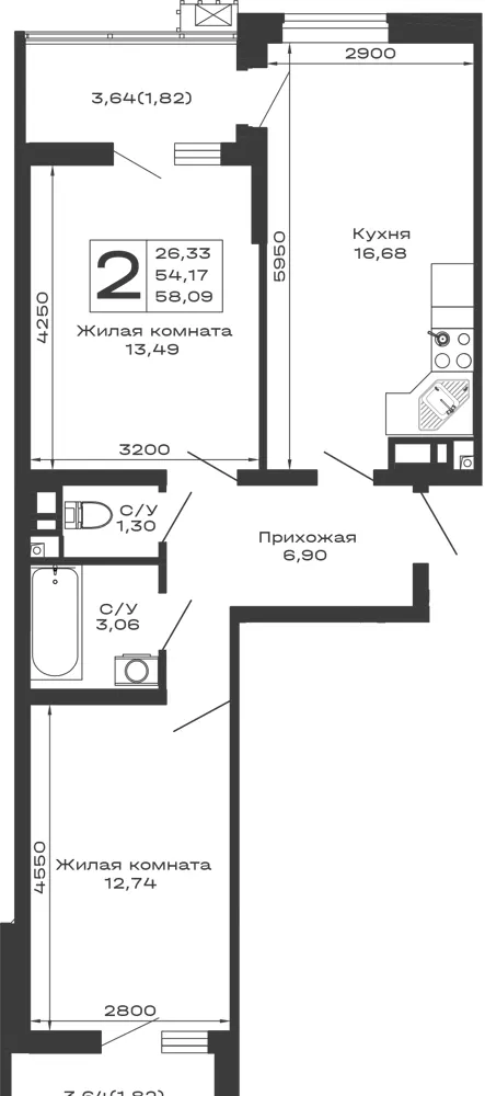 2-комн. 58.1 м²