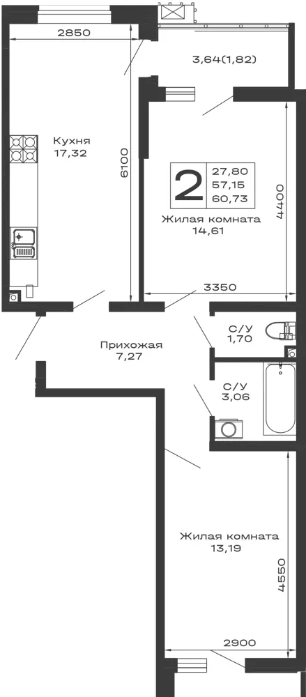 2-комн. 60.7 м²