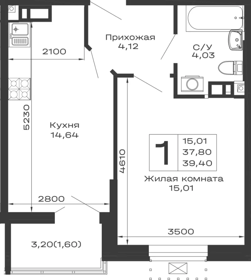 1-комн. 39.4 м²