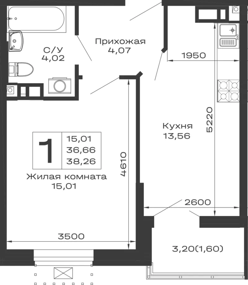1-комн. 38.3 м²