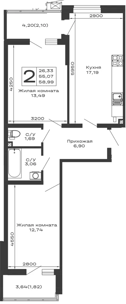 2-комн. 58.1 м²