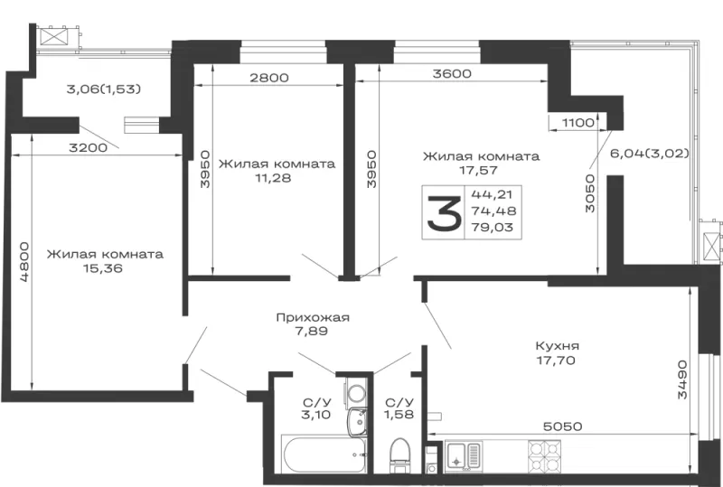 3-комн. 79 м²