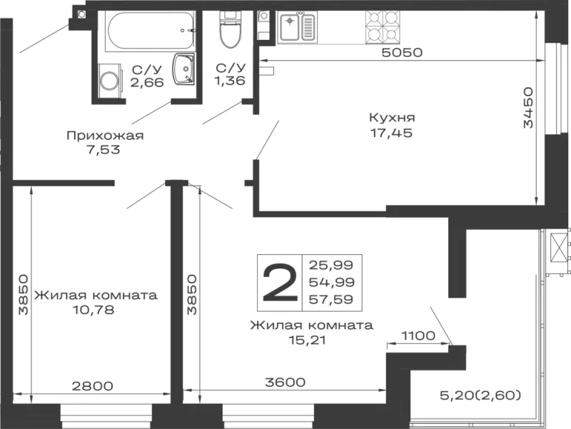 2-комн. 57.6 м²