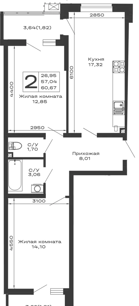 2-комн. 60.7 м²