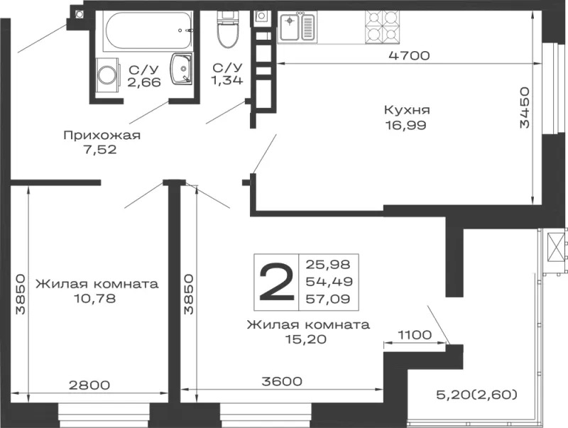 2-комн. 57.1 м²