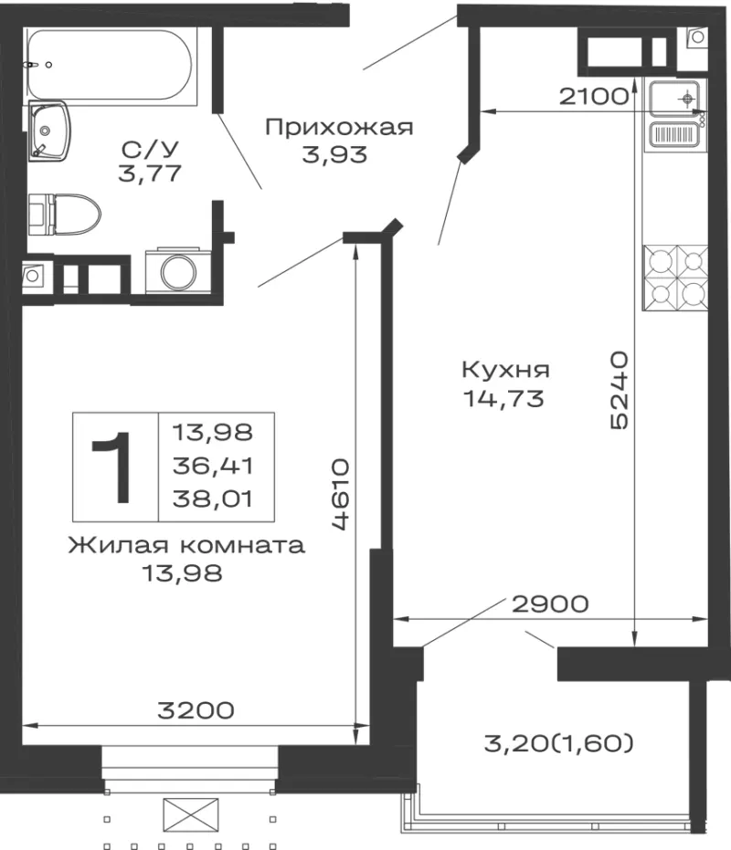 1-комн. 38 м²