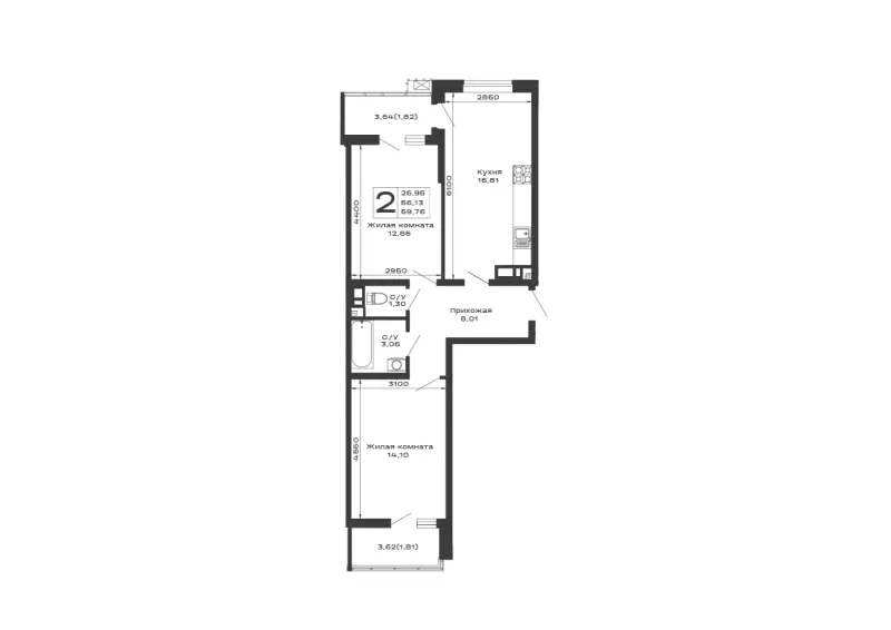 2-комн. 59.8 м²