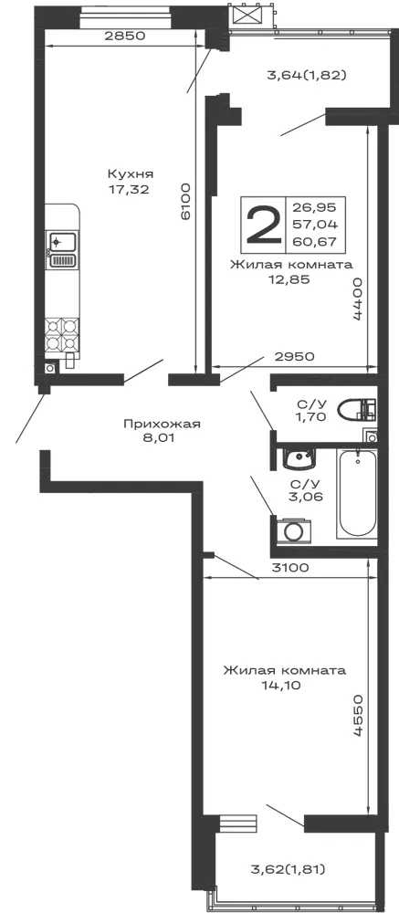 2-комн. 60.7 м²
