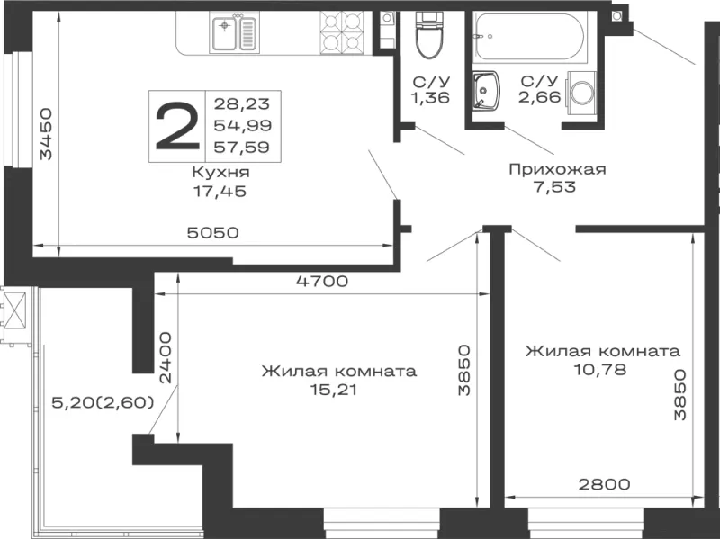 2-комн. 57.6 м²