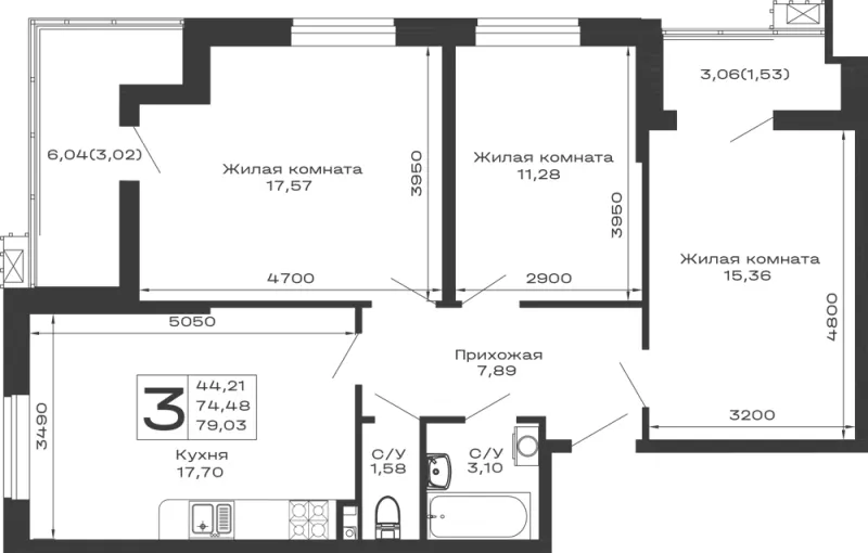 3-комн. 79 м²