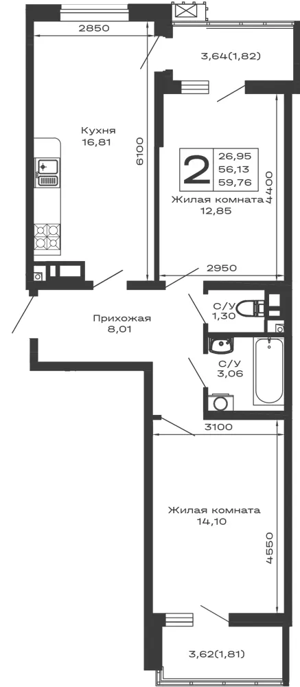 2-комн. 59.8 м²