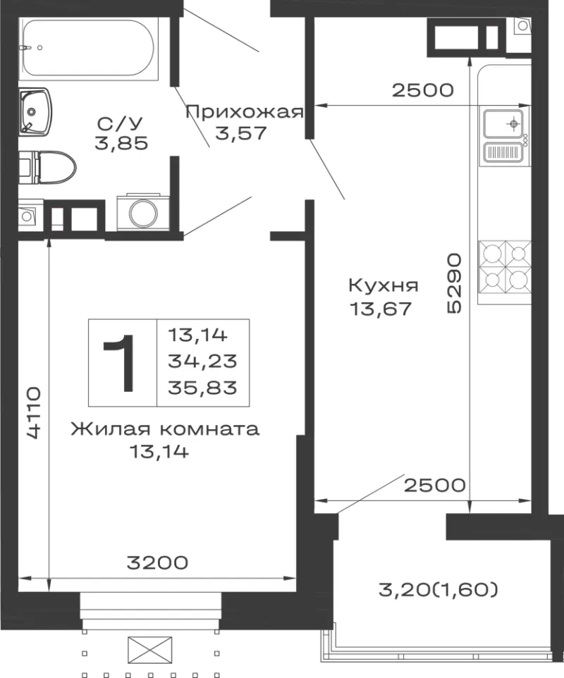 1-комн. 35.8 м²