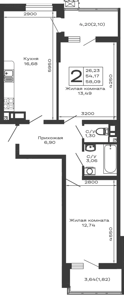 2-комн. 58.1 м²