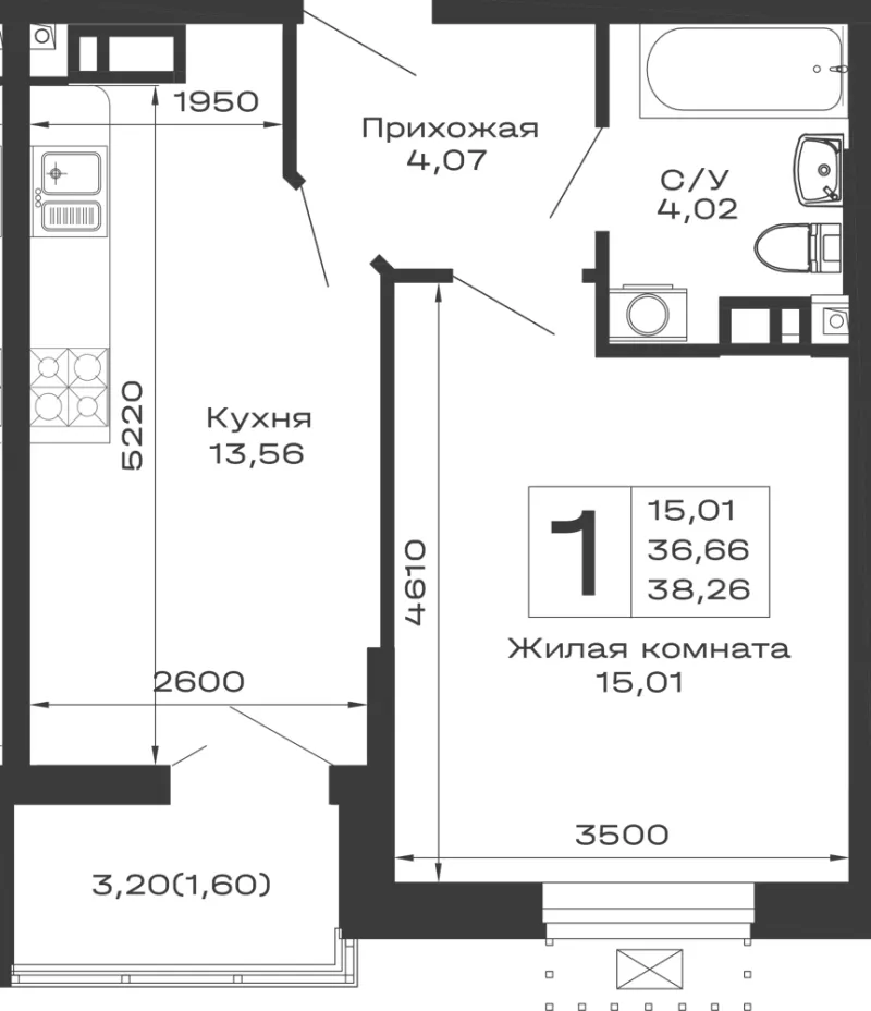 1-комн. 38.3 м²