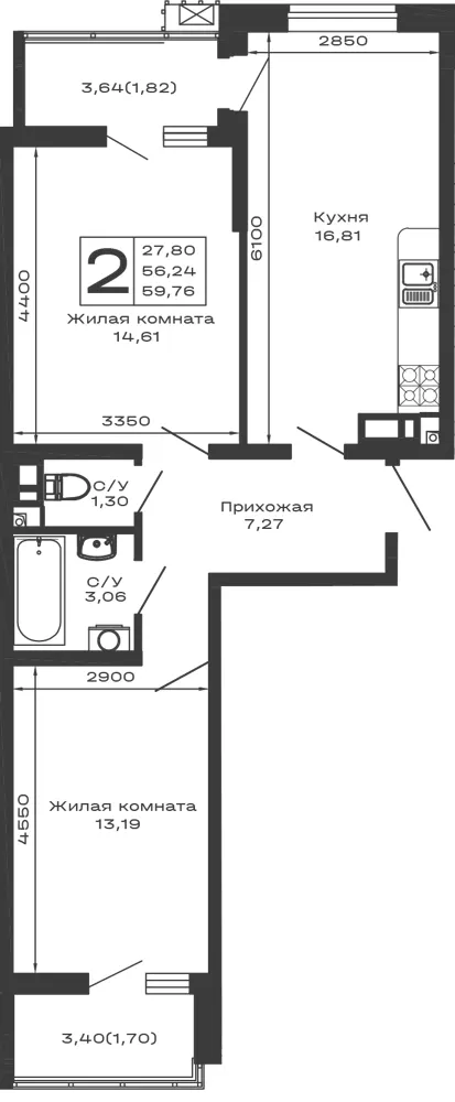 2-комн. 59.8 м²