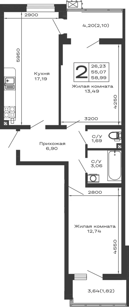 2-комн. 59 м²