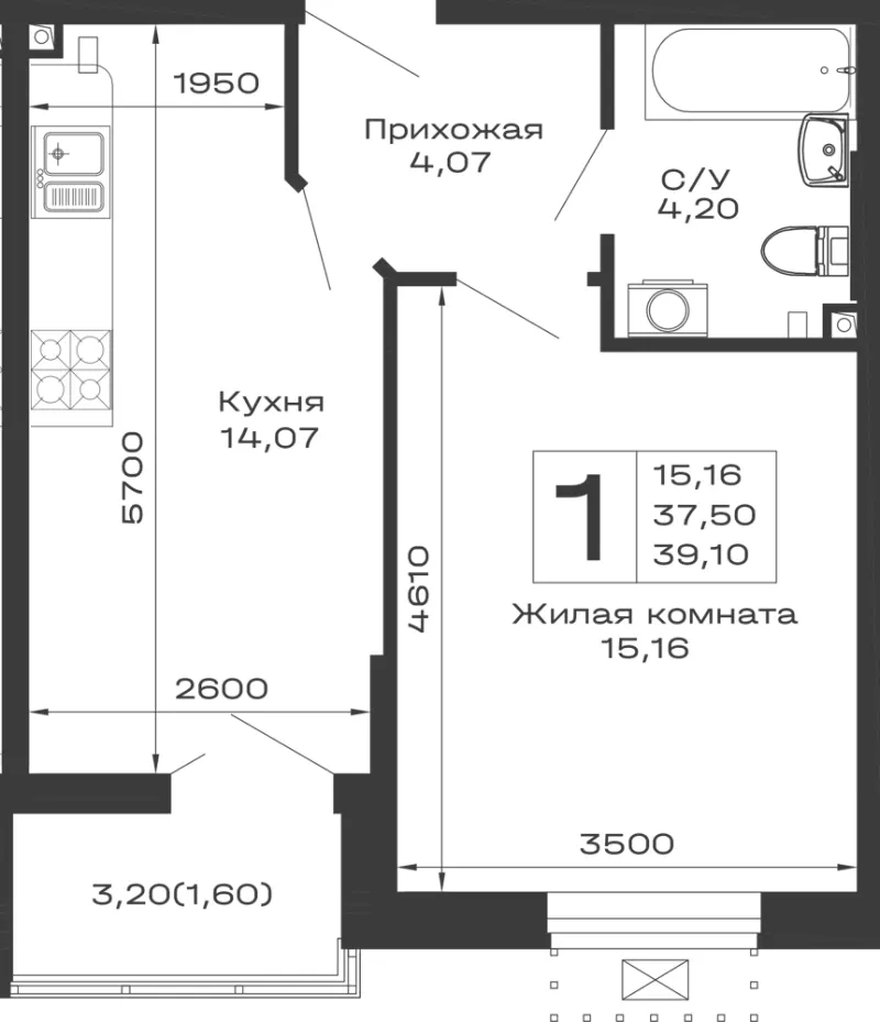 1-комн. 39.1 м²