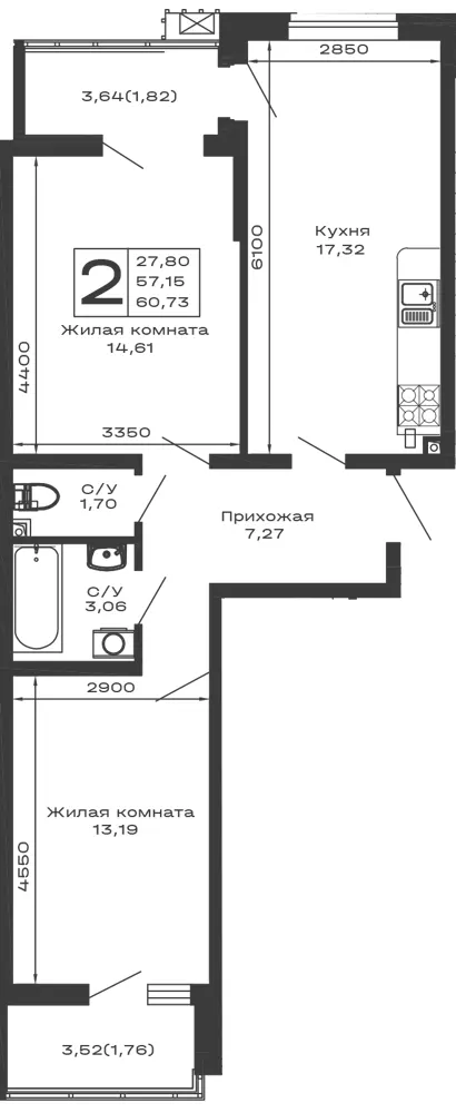 2-комн. 60.7 м²