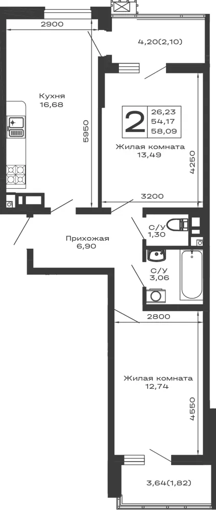 2-комн. 58.1 м²