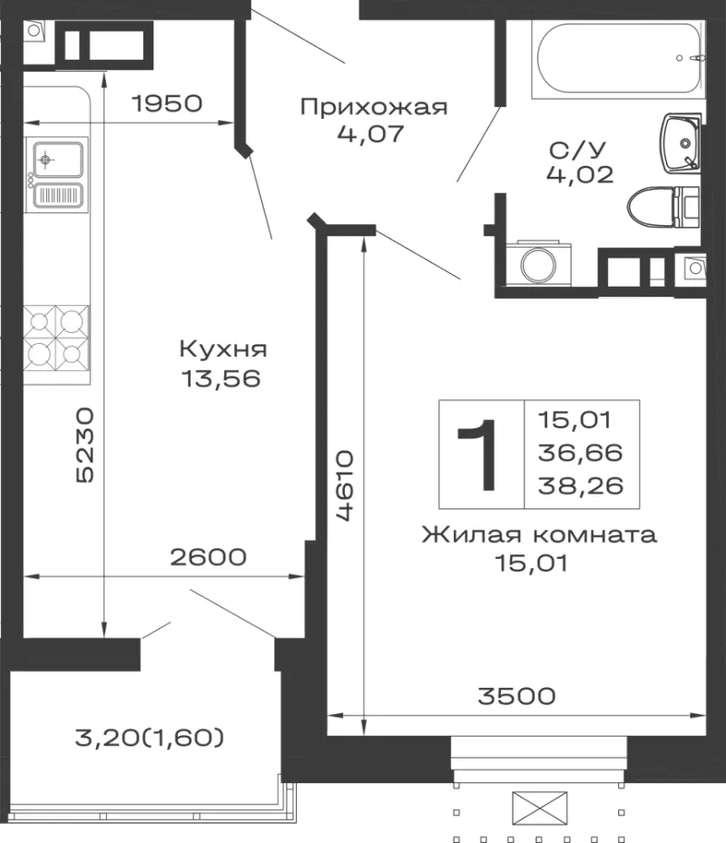 1-комн. 38.3 м²