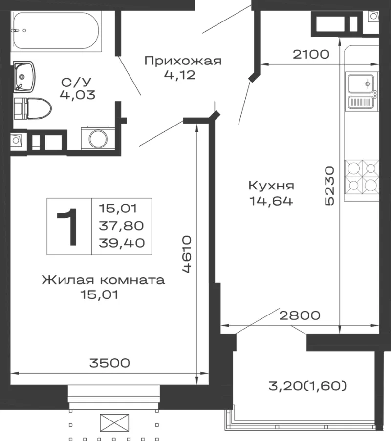 1-комн. 39.4 м²
