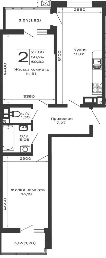 2-комн. 59.8 м²