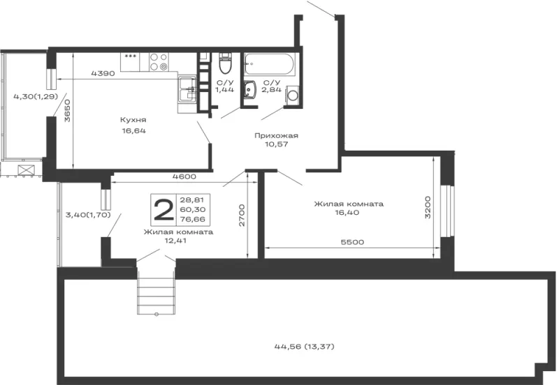 2-комн. 76.7 м²
