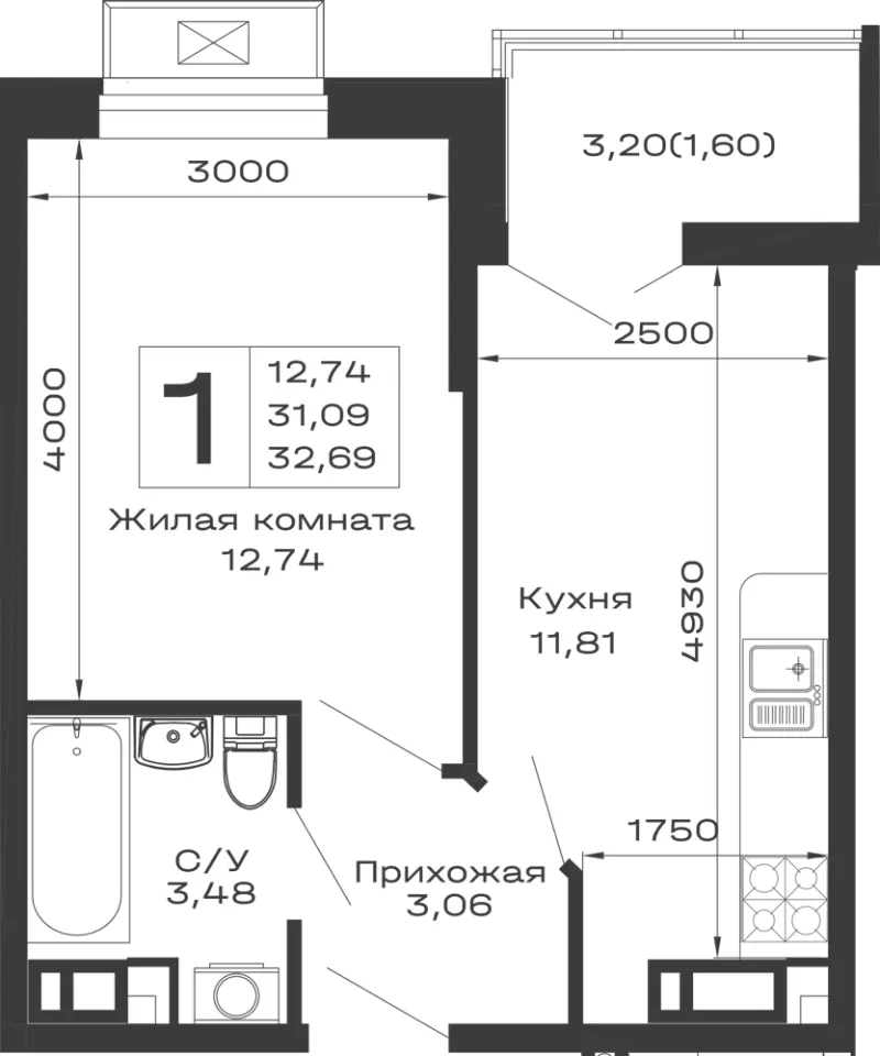 1-комн. 32.7 м²