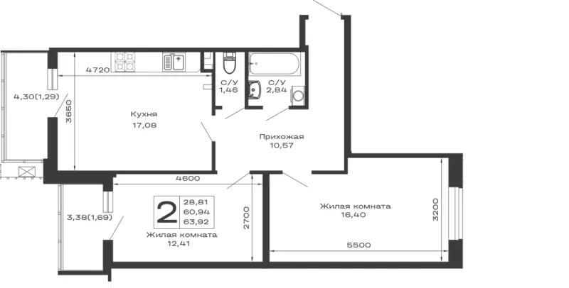 2-комн. 63.9 м²