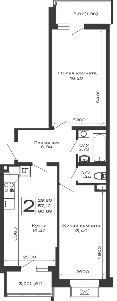 2-комн. 60.7 м²