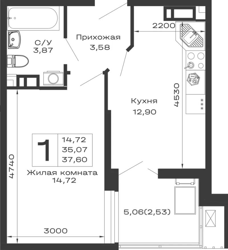 1-комн. 37.6 м²