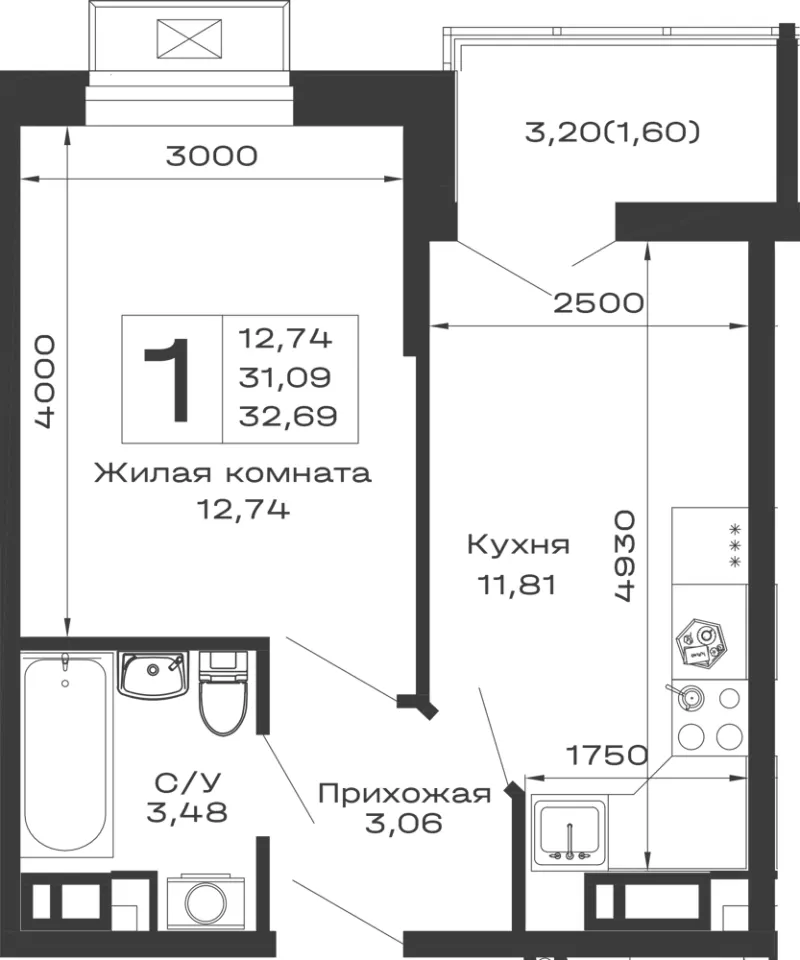 1-комн. 32.7 м²