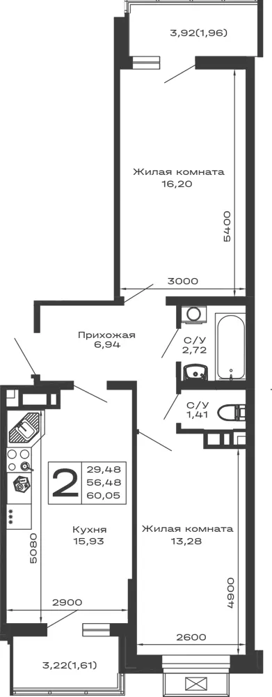 2-комн. 60.1 м²