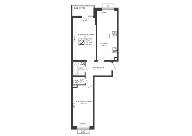 2-комн. 58.8 м²