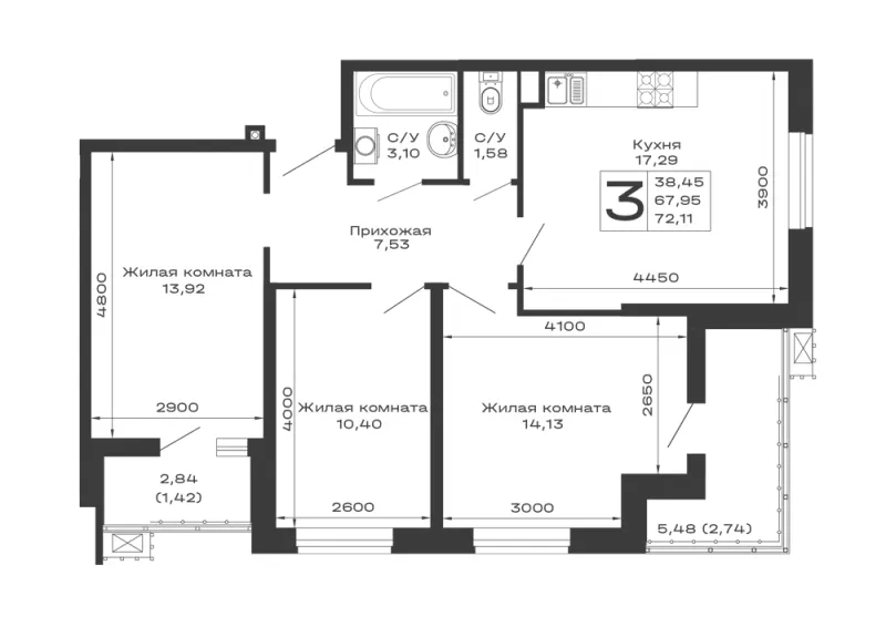 3-комн. 72.1 м²