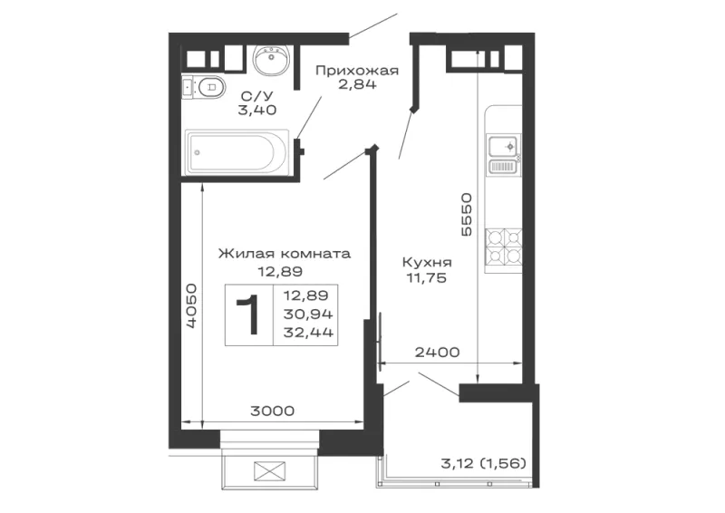 1-комн. 32.4 м²