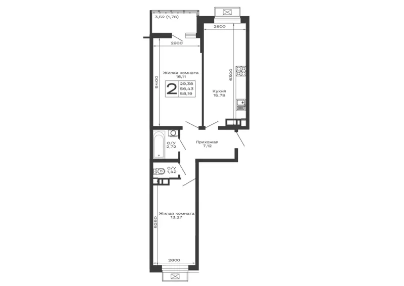 2-комн. 58.2 м²