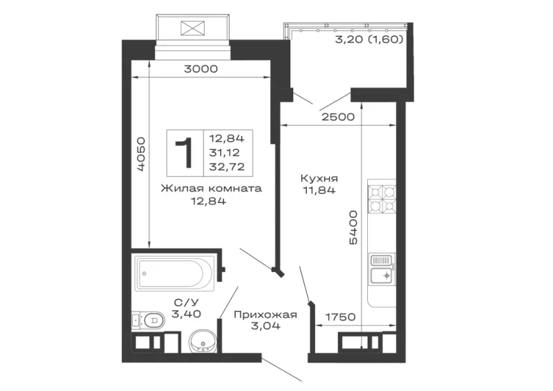 1-комн. 32.7 м²