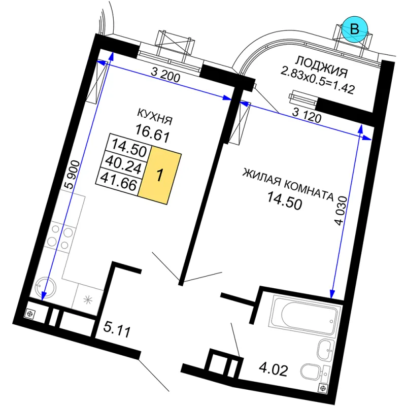 1-комн. 41.6 м²