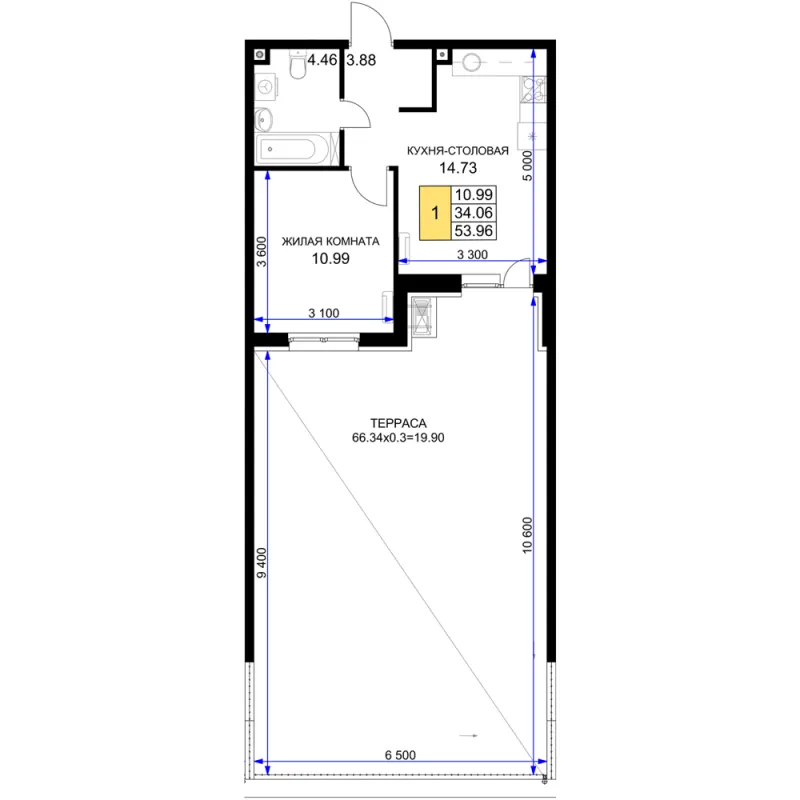 1-комн. 54 м²