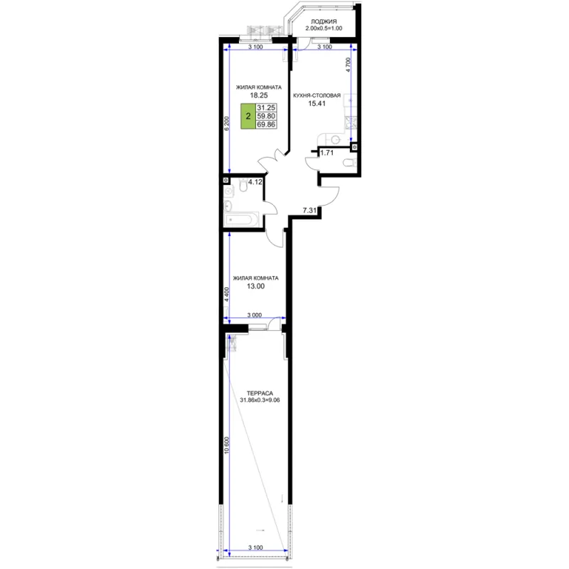 2-комн. 69.9 м²