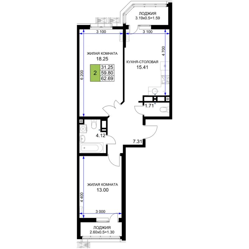 2-комн. 62.7 м²